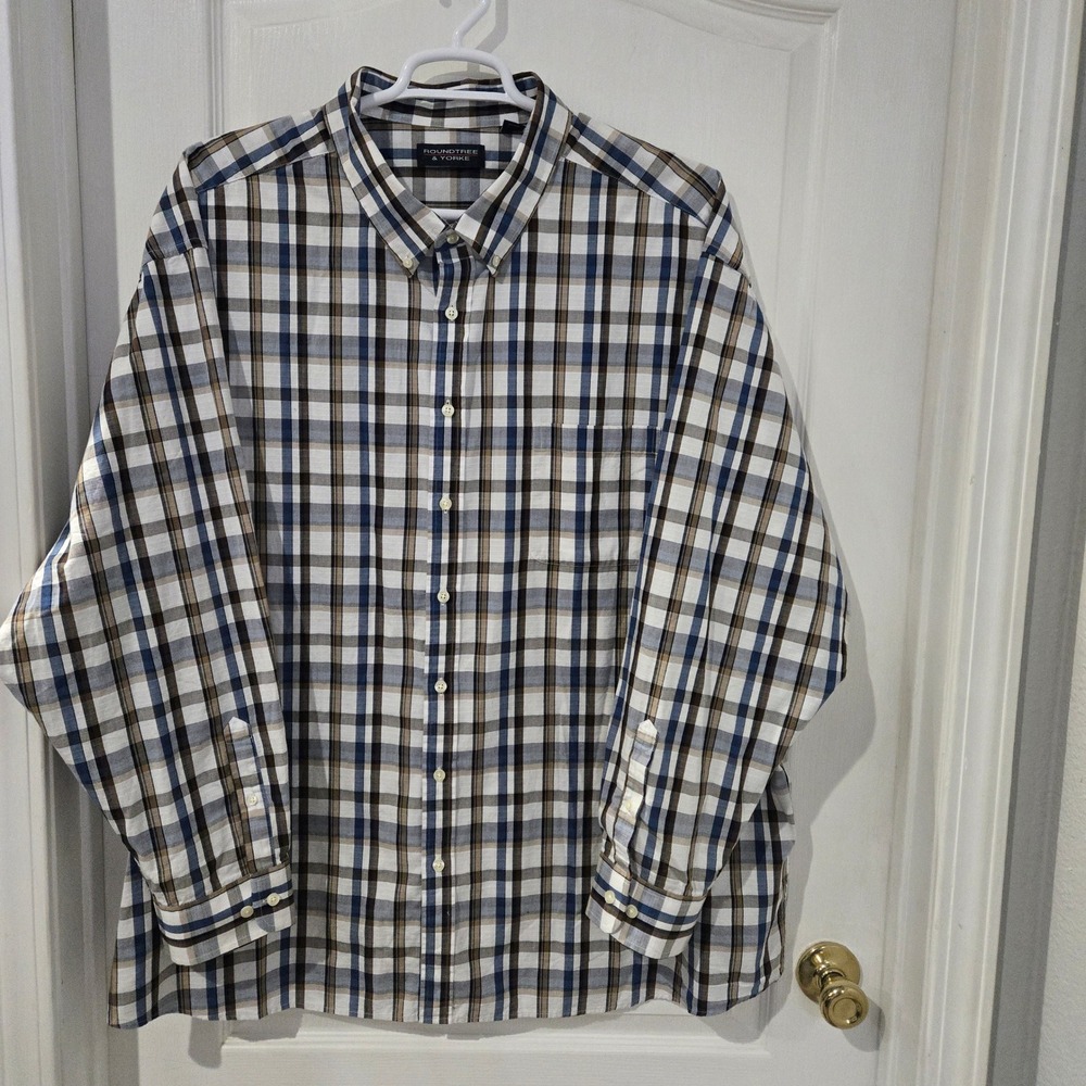 Roundtree & Yorke Button Down Mens 4XB Blue Brown Plaid Excellent 100% Cotton